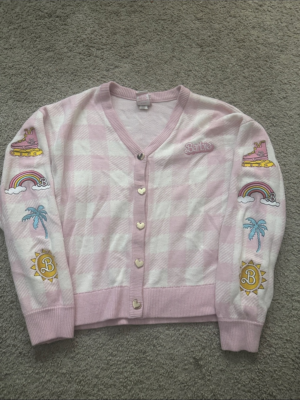 Barbie Pink & White Plaid Heart-Button Embroidered Cardigan